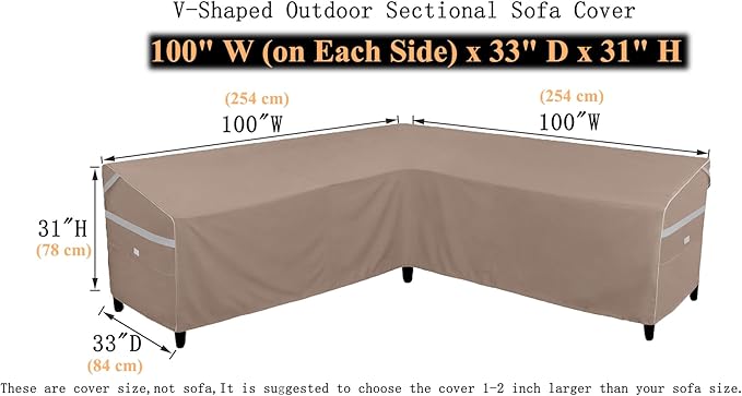 Heavy Duty Waterproof Outdoor V-Shaped Sectional Sofa Cover UV Resistant Patio Furniture Covers 100" W (on Each Side) x 33" D x 31" H Brown