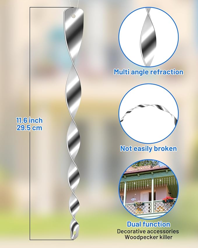 12Pcs Bird Reflective Scare Rods, Plastic Deterrent Devices for Outside Patio, House, Garden, Window to Keep Woodpecker Pigeon Away, Silver Hanging Wind Spinners Outdoor Decor