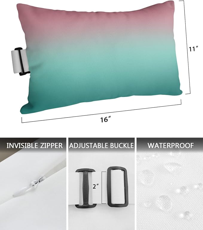 Outdoor Pillows Covers with Inserts Green and Pink Gradient Waterproof Recliner Pillow with Adjustable Strap Throw Pillows for Patio Furniture Pool Lounge Chair, 11x16 inch, 1PCS