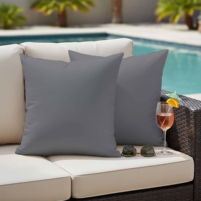 Outdoor Pillow Covers 24 x 24 Inches, Grey Pure Color Waterproof Throw Pillow Cover Set of 2, Aesthetics Contemporary Luxury Decorative Square Cushion Covers for Patio/Couch/Garden