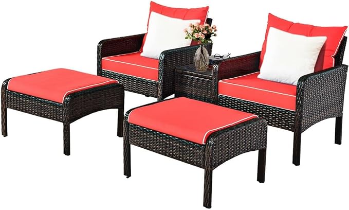 5 PCS Patio Rattan Furniture Set Sofa Ottoman Table Cushioned Yard Red