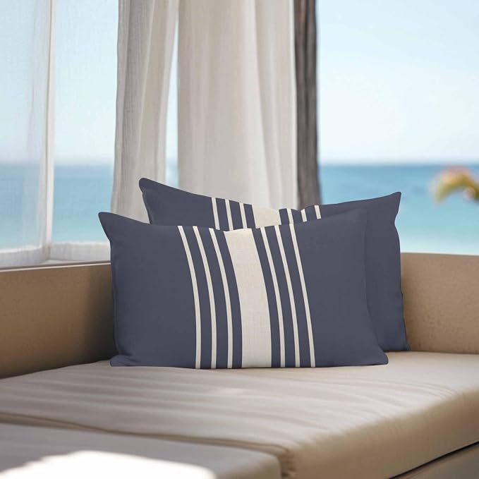 Vandarllin Outdoor Throw Pillows Covers 20x12 inch Set of 2 Waterproof Blue Vertical Stripes Decorative Zippered Cushion Covers for Patio Furniture, Classic Striped Linen Lumbar Pillowcases