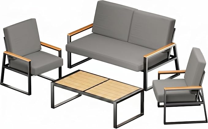 Gizoon 4-Piece Outdoor Patio Furniture Set with Coffee Table and Removable Cushions, Metal Patio Conversation Set for Family, Yard, Poolside (Gray)