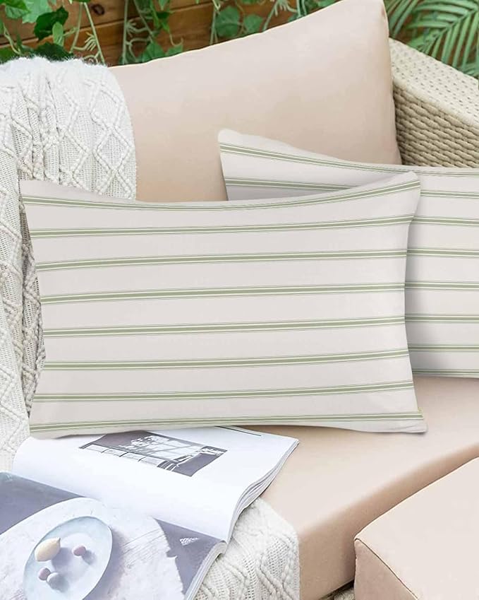 Vandarllin Outdoor Throw Pillows Covers 20x12 inch Set of 2 Waterproof Sage Green Stripes Decorative Zippered Cushion Covers for Patio Furniture, Abstract Lines Striped Lumbar Pillowcases