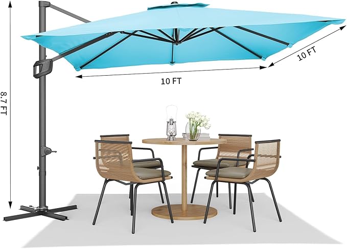 GarveeHome Cantilever Patio Umbrella 10x10 ft Large Rectangle Umbrella Outdoor Market Umbrellas 360 Rotation Offset Hanging Outdoor Shade for Patio Deck Pool Backyard