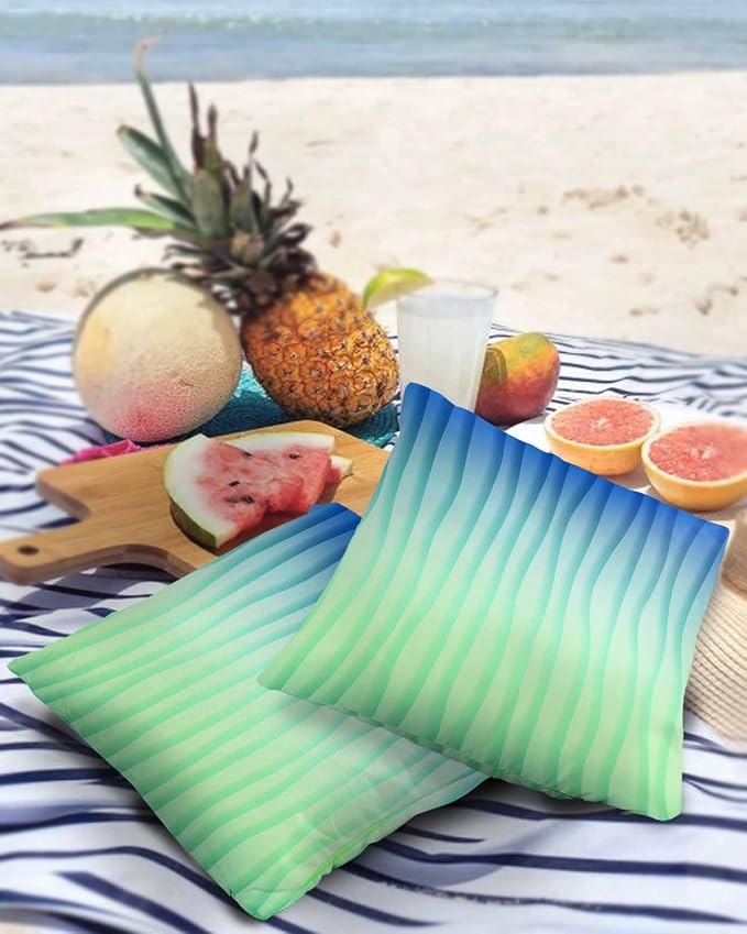Outdoor Waterproof Pillow Covers Set of 2, Simple Abstract Geometric Blue Green Gradient Lines Patio Throw Pillow Covers, Decorative Cushion Case for Couch Sofa Furniture Garden, 24x24 Inch