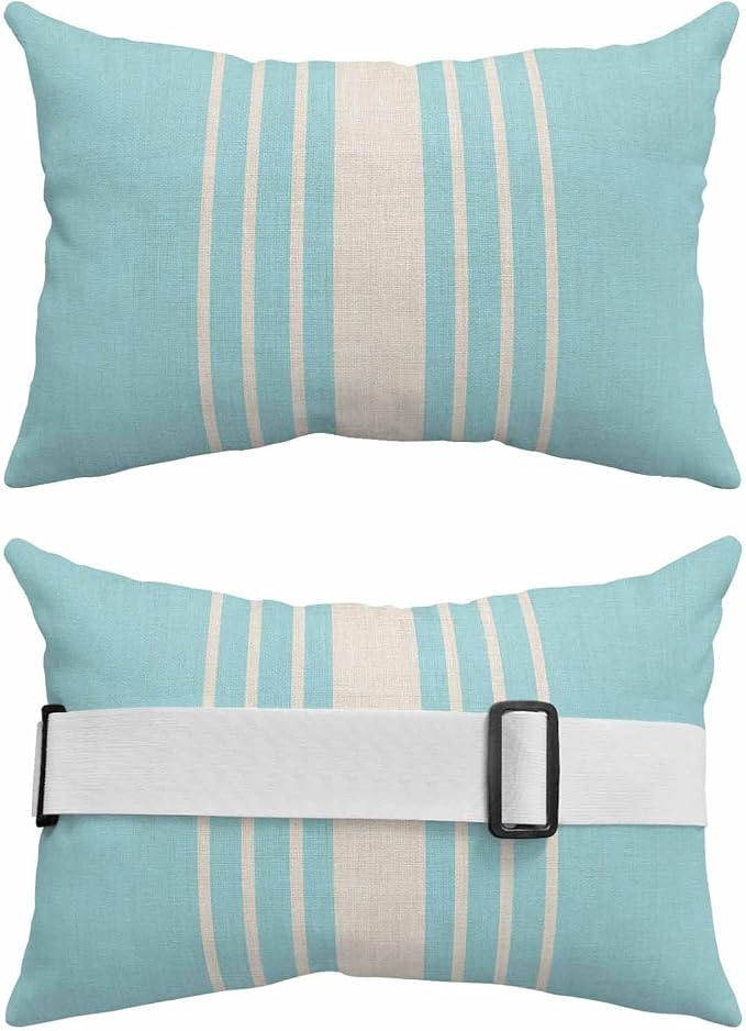 Pack of 4 Outdoor Lumbar Pillow Covers 12x20 Inch, Aqua Beige Striped Waterproof Throw Pillow Covers Set, Modern Farmhouse Retro Lines Indoor&Outdoor Decorative Cushion Cases for Patio Porch Beach