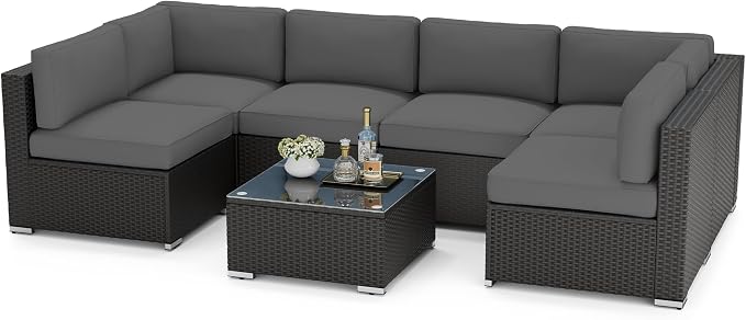 SOLAURA 7 Pieces Outdoor Patio Furniture Set, Black Brown Rattan Outdoor Patio Sectional Conversation Set, Modular Sofa Set with Coffee Table, Grey Cushion