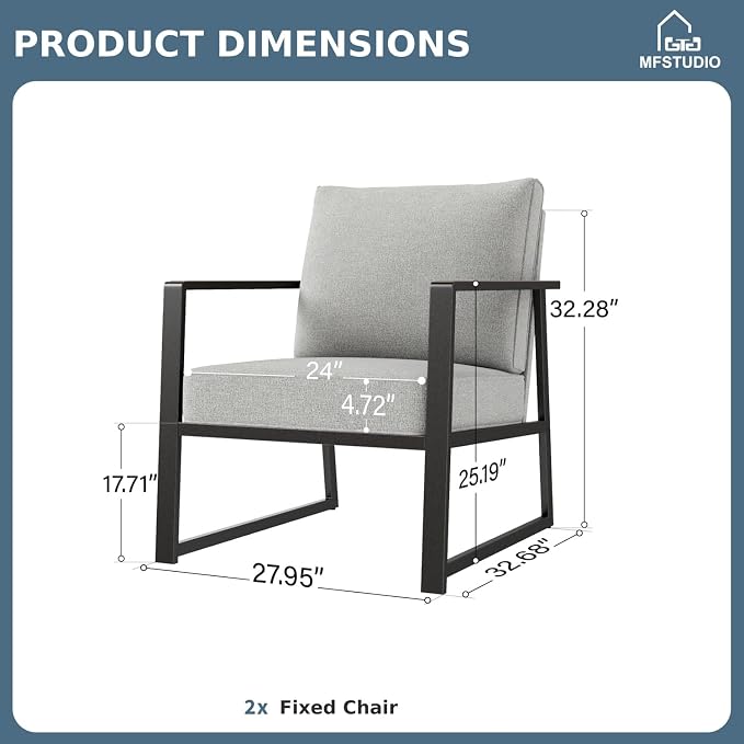 MFSTUDIO 2 Seats Patio Furniture Sets, Olefin-Filled Textilene Fabric Backrest and Extra Large Deep Seating, 2 Pieces Metal Frame Outdoor Sectional Sofa Chair for Garden, Backyard(Grey)