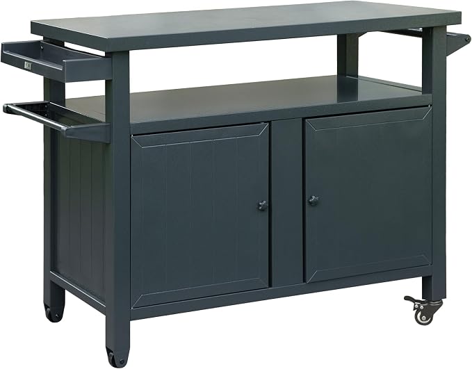 Outdoor Storage Box and Grill Prep Table with Wheels, 83 Gallon Metal Patio Storage Cabinet for BBQ Tools and Garden Gear, Lockable Lid and Side Shelves, 51.67 x 20.31 x 35.51 Inches, Grey