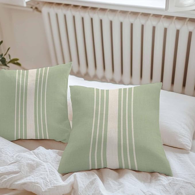 Throw Pillow Covers 26x26 Inch Set of 2, Sage Green Beige Striped Waterproof Outdoor Cushion Covers, Modern Farmhouse Retro Lines Decorative Pillowcases for Couch, Sofa, Bed, Garden, Patio