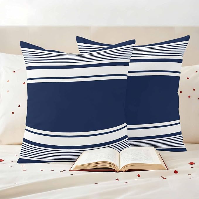 Outdoor Waterproof Throw Pillow Covers, Navy Blue Striped Decorative Pillow Cases, Modern Color Block Farmhouse Stripes Couch Pillow Protector Patio Sofa Cushion Covers Replacement 26"x26" 2 Pack