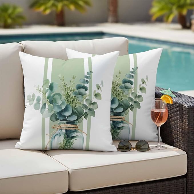 Sage Green Eucalyptus Leaves Outdoor Pillow Covers 16x16 Inch Throw Pillow Covers Set of 2 Waterproof Decorative Pillow Cases Farmhouse Stripe Botanical Cushion Covers for Patio Furniture Garden Couch
