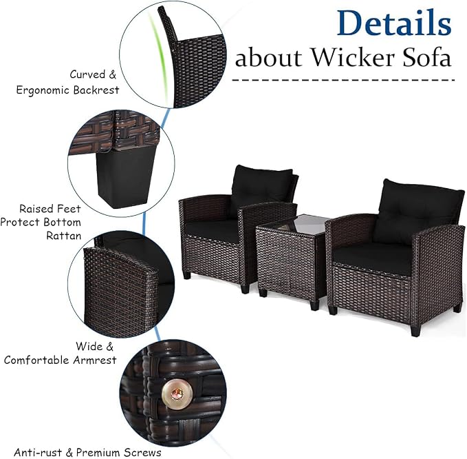 DORTALA Wicker Patio Furniture Set 3 Piece, Outdoor Table and Chairs with Tempered Glass Tabletop, Cushions, Small Rattan Conversation Sofa Set for Balcony, Porch, Backyard, Deck, Black