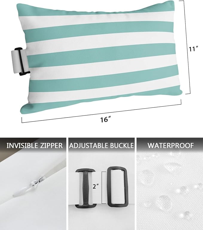 Outdoor Pillows Covers with Inserts Teal Geometric Stripes Waterproof Recliner Pillow with Adjustable Strap Throw Pillows for Patio Furniture Pool Lounge Chair, 11x16 inch, 1PCS