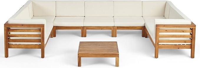 Christopher Knight Home Oana Outdoor 9 Seater Acacia Wood Sectional Sofa Set, Teak Finish and Beige