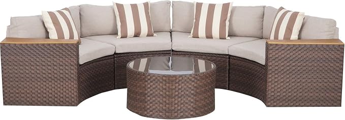 Incbruce Outdoor Half Moon Patio Furniture 5-Piece Curved Outdoor Sofa, All-Weather Outdoor Sectional Furniture Patio Conversation Sets with Round Tempered Glass Top Table(Brown Cushions)