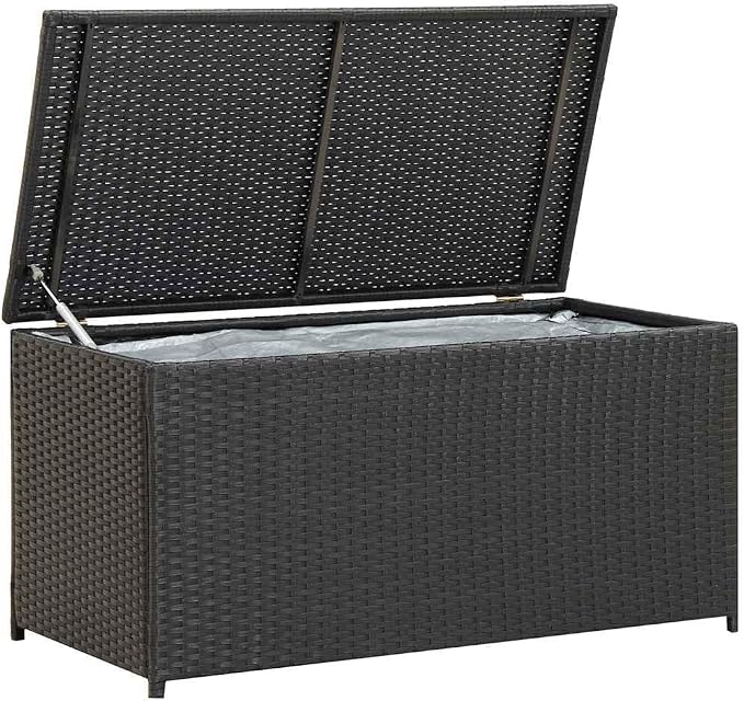 Patio Storage Box Outdoor Deck Bin Hand-Woven Poly Rattan Trunk for Garden Cushions Pillows Blankets 39.4 x 19.7 x 19.7 Inch Black