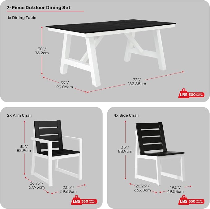 Costaelm Stinson 7-Piece Outdoor HDPE Patio Dining Table Set with Umbrella Hole & Dining Chairs for 6, Black
