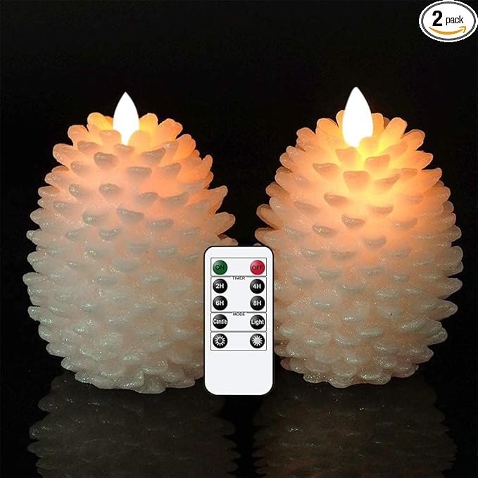 Wondise Pine Cone Flameless Flickering Candles with Remote and Timer, Set of 2 Battery Operated LED Candles Real Wax Christmas Home Decoration Candle(3.5 x 4.7 Inches, White)