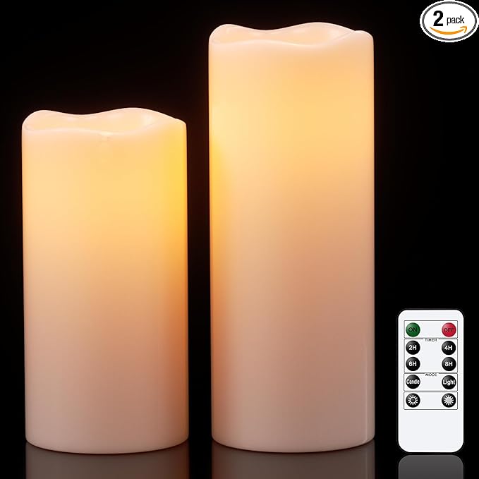 GenSwin Outdoor Candles with Remote Timer for Lanterns, 2 Pack IP65 Waterproof Flameless Candles Battery Operated, LED Pillar Candles for Indoor Outdoor Lanterns, Long-Lasting(4" x 10"&4"x8")