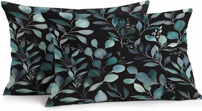 Lumbar Pillow Covers 20x12 Inch Set of 2, Teal Black Botanical Waterproof Outdoor Pillow Covers, Spring Eucalyptus Leaves Greenery Decorative Cushion Pillowcases for Couch, Sofa, Bed, Garden, Patio