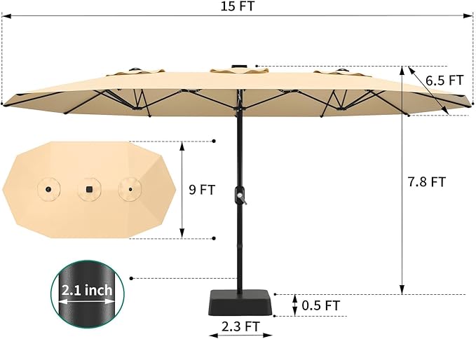 15FT Large Patio Umbrella with Base Included, Outdoor Double-Sided Rectangle Market Umbrella with Crank Handle for Pool, Lawn, Garden, Backyard, Beige