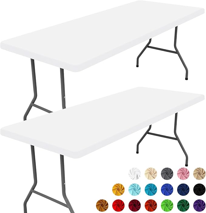 Moosfor Spandex 5 Foot Rectangle Table Cloth 2 Pack, Elastic Fitted Tablecloths for Picnic, Stretch Washable Patio Table Cover for Outdoor, Camping, Banquet and Parties (White, 30"x60")