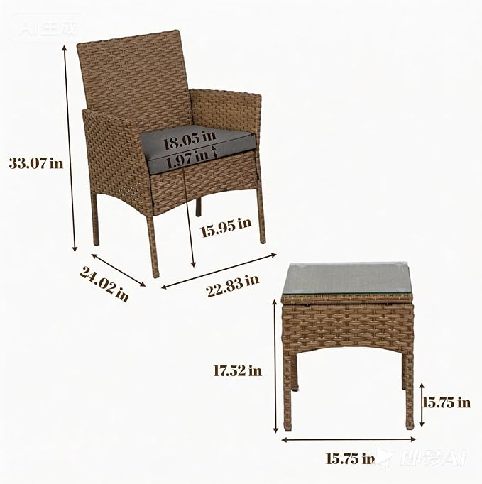 UNITED FLAMES 3-Piece Outdoor Wicker Bistro Set, PE Rattan Patio Chairs & Side Table with Cushions, Weather Resistant Conversation Set for Balcony, Porch, Garden (Grey)