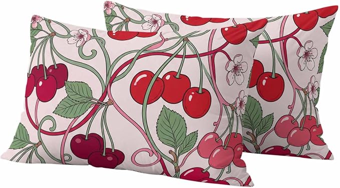 Red Cherry Outdoor Pillow Covers 20"x12" Set of 2, Vintage Red Cherry Pink Floral Vines Pink Waterproof Throw Pillow Covers for Patio Furniture, Decorative Cushion Covers for Porch