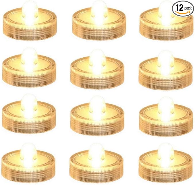 Bright LED Battery Operated Flameless Tea Light, Submersible Tea Candle Waterproof Decorations Underwater Vase Light for Party & Wedding, Pack of 12, Warm White