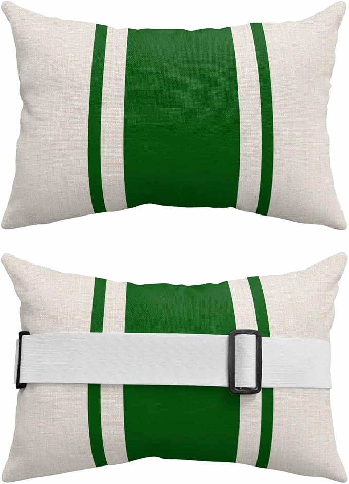Outdoor Lumbar Pillows with Strap & Insert Green Stripe Lines Recliner Head Pillow Pack of 2 Linen Striped Waterproof Headrest Patio Lounge Chair Pillows for Beach Pool Office Chaise Chair 11x16 Inch
