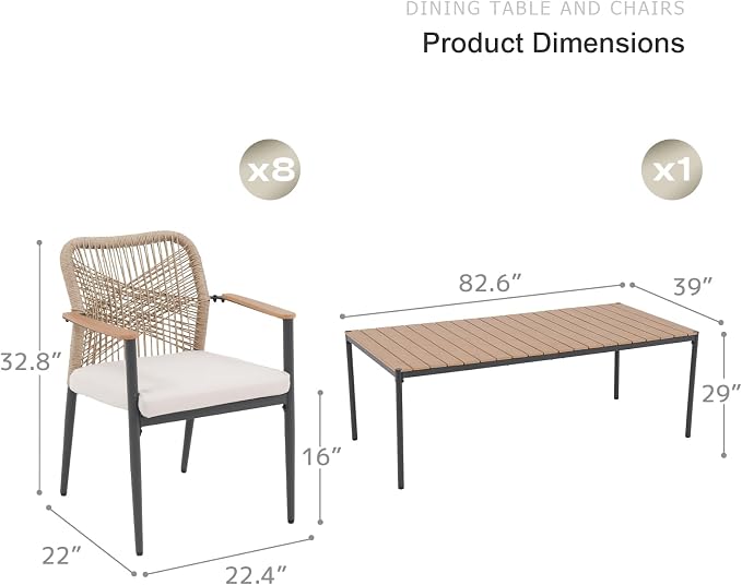 SUNSITT 9 Piece Outdoor Patio Dining Set, Patio Dining Furniture Set with 82.6” Metal Dining Table w/WPC Tabletop and 6 Woven Rope Patio Chairs w/WPC Armrests for Garden, Beige