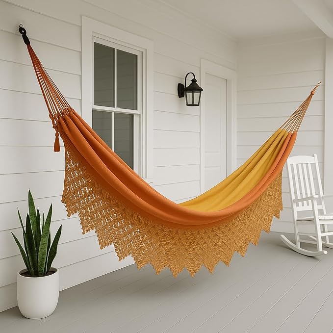 Handmade Brazilian Macrame Hammock – Red, Yellow & Caramel Striped Cotton Hammocks – Indoor Boho Swing Bed – Decorative Hammock for Bedroom, Porch or Balcony