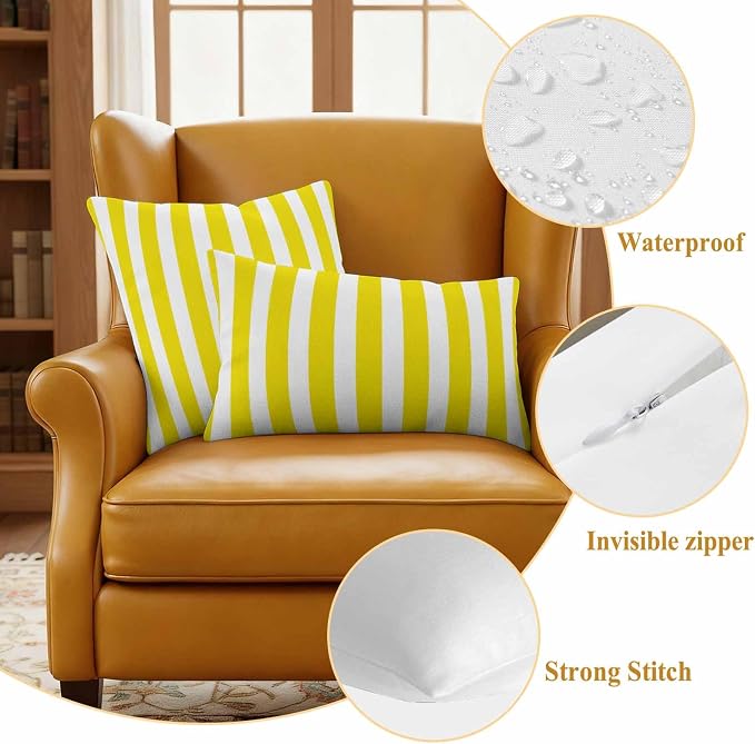 Yellow Striped Outdoor Waterproof Throw Pillow Covers 20x12 Set of 2, Modern Farmhouse Yellow White Stripes Decorative Pillowcases Cushion Pillowcase for Couch Sofa Patio Outside Pillow Protector