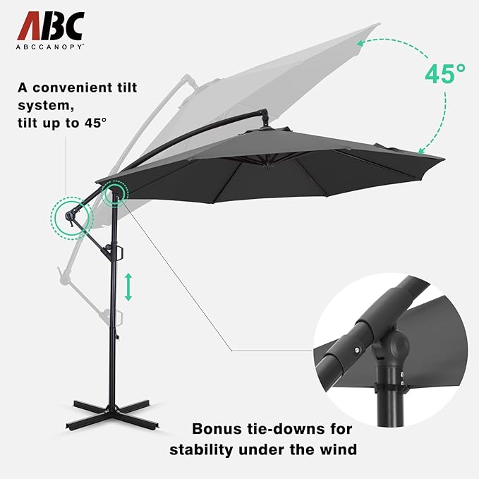 ABCCANOPY 10FT Cantilever Patio Umbrella with base included, 360° Rotation Outdoor Offset Umbrella for Backyard, Deck, Poolside (Dark Gray)