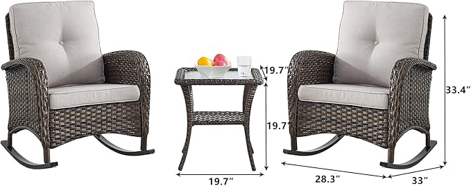HUMMUH 3-Piece Outdoor Rocking Chairs,All-Weather PE Wicker Patio Rocker Chairs Bistro Set with Side Table,Porch Balcony Furniture with Cushions