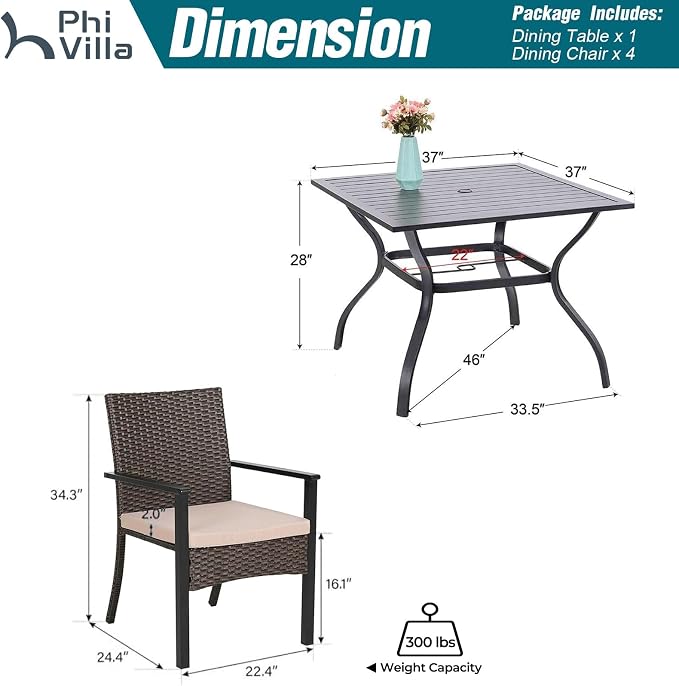 PHI VILLA 5 Piece Outdoor Dining Set for 4, 37" Square Metal Wrought Iron Table with Umbrella Hole & Cushioned Rattan Wicker Chairs, Modern Furniture for Patio, Deck, Backyard, Porch