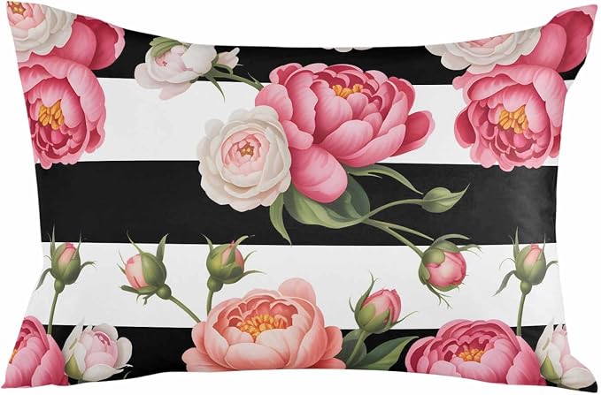 Outdoor Waterproof Throw Pillow Covers Set of 2 Pink Peony Rose Lumbar Pillowcases 20x12 Inches Floral Black Stripes Decorative Pillows Cushion Case Patio Pillows for Couch Bed Chair Garden