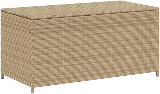 PE Rattan Garden Storage Box with Gas Spring Lid, Mix Beige Medium Cushion Organizer for Patio Deck Balcony, UV-Resistant Weatherproof Outdoor Furniture