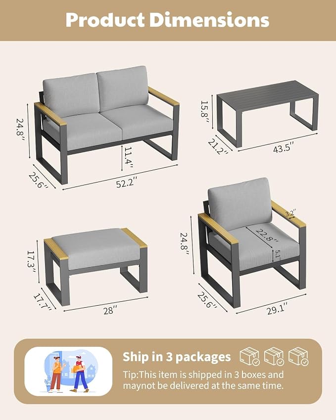 Aluminum Outdoor Patio Furniture - 1 Pcs Loveseat and Coffee Table, All-Weather Metal Modern Outside Furniture with Washable Thick Cushion for Balcony, Garden, Deck, Backyard,Gray