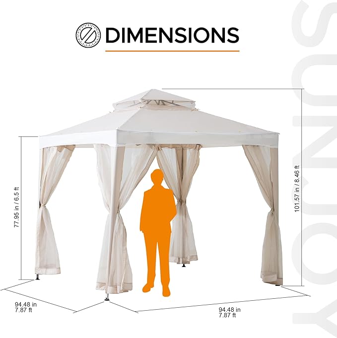 Sunjoy 8 x 8 ft. Soft Top Gazebo, Outdoor Patio Backyard Modern 2-Tier Steel Frame Gazebo with Mesh Netting - Beige & White