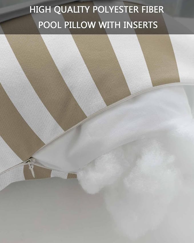 DecorLovee Beige Striped Outdoor Recliner Pillows for Head, Farmhouse Waterproof Chair Pillow with Elastic Stripe, Beige White Stripes Chaise Lounge Headrest Pillow for Patio/Beach/Pool 1Pack, 11"x16"