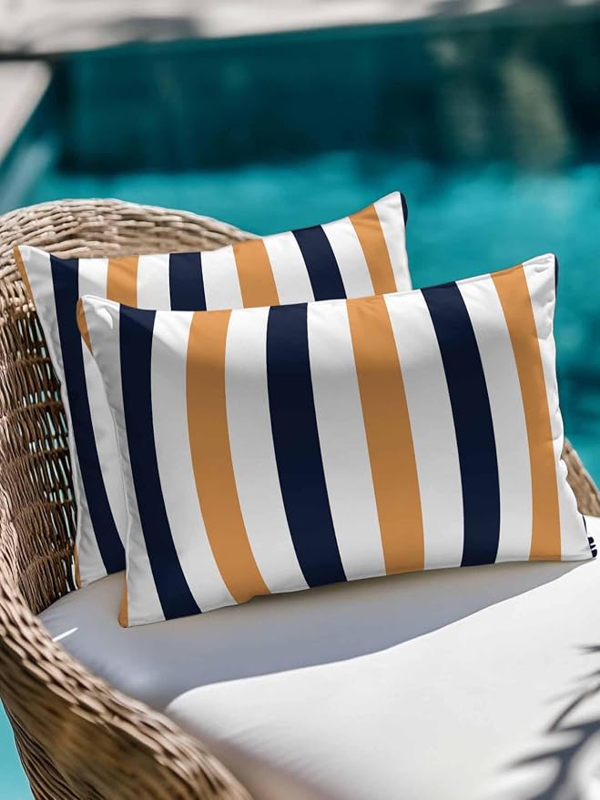 Outdoor Pillows Waterproof, Burnt Orange Navy Blue Striped Bedding Throw Pillows with Insert for Couch Sofa Bed, Farmhouse Stripe Art 12x20 Inch Pillowcases Camping Patio Pillow Set of 2