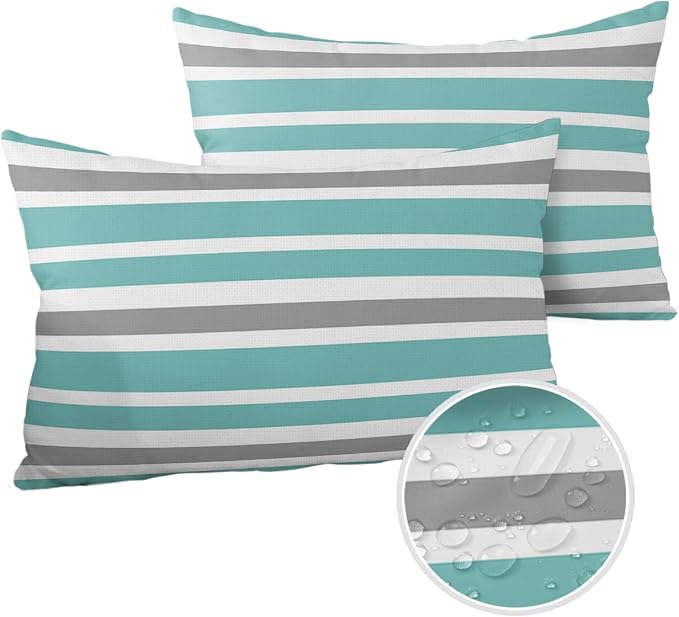 Outdoor Waterproof Lumbar Throw Pillow Covers Set of 2 Grey Teal Stripes Decorative Outdoor Pillows Cushion Case 20x12 Inch Classic Striped Patio Pillows for Couch Sofa Bed Garden Home Decor