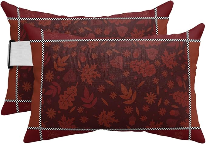 Outdoor Pillows Covers with Inserts Thanksgiving Maple Leaves Retro Red Waterproof Recliner Pillow with Adjustable Strap Throw Pillows for Patio Furniture Pool Lounge Chair, 11x16 inch, 2PCS