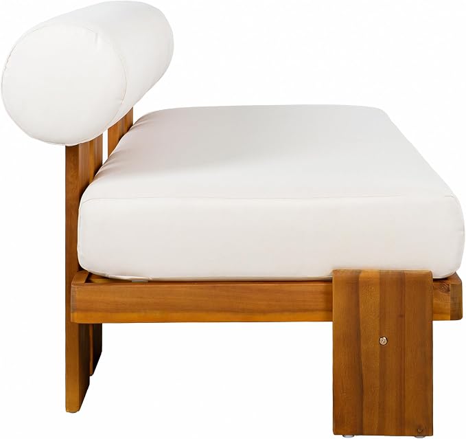 Merax 4-Piece Patio Conversation Set with Acacia Wood Frame, Waterproof Cushions & Round Backrest – Loveseat, 2 Club Chairs & Coffee Table for Garden, Deck & Balcony, Beige+Teak