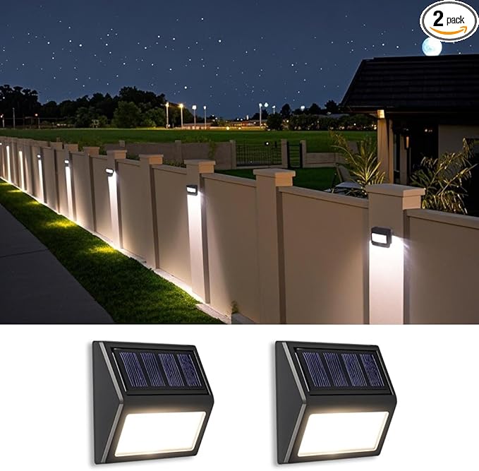 Solar Fence Lights, Waterproof Solar Outdoor Lights for Stairs Decks Steps Fences Patio Yard, LED Wall Sconce (Cool White/2 Pack)