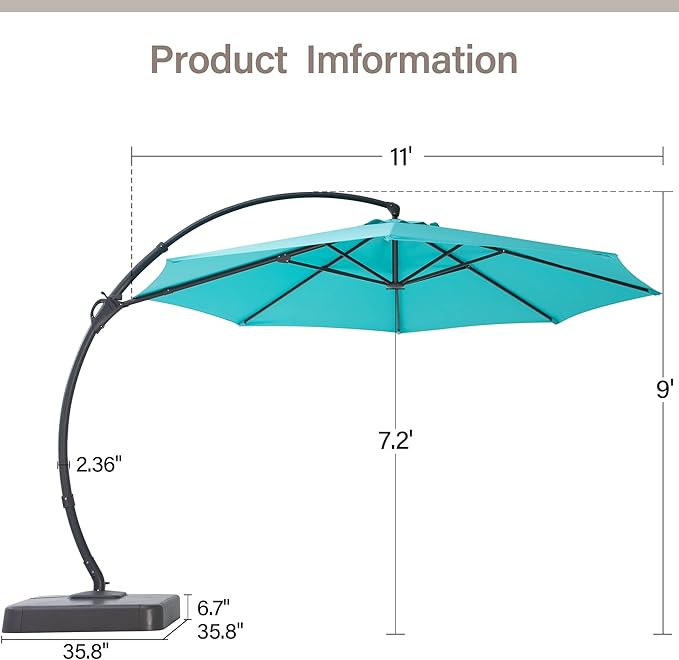 EO Living Outdoor Patio Umbrella with Base included, 11 FT Deluxe Curvy Cantilever Umbrella Heavy Duty Offset Hanging Umbrella with 360° Rotation for Pool, Garden, Backyard, Deck (Turquoise Blue)