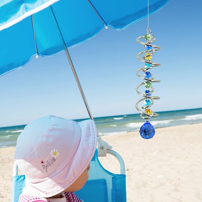 FONMY Gazing Ball Spiral Tail -Decorative Wind Spinner Sun Catcher Rainbow Maker Double-Spiral W/Sea Blue Crystal Ball and Chain Crystals for Indoor Outdoor Garden Decoration -14 inch Height